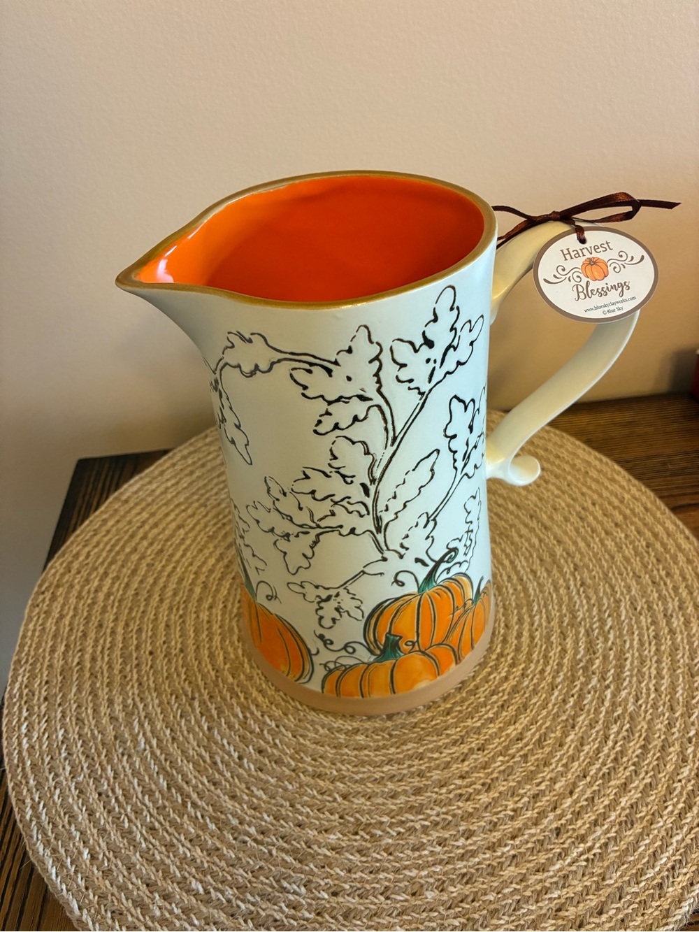 Blue Sky Pumpkin Ceramic Pitcher in Cream and Orange